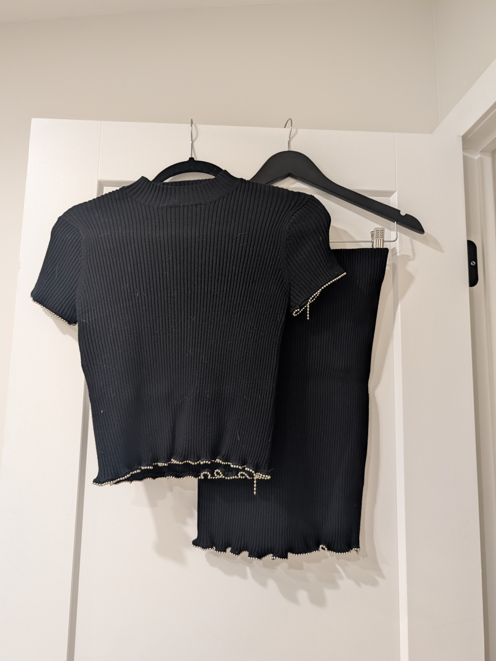 Zara Black Ribbed Short Sleeve Top with Gold Chain Trim